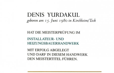 Meisterbrief Denis Yurdakul