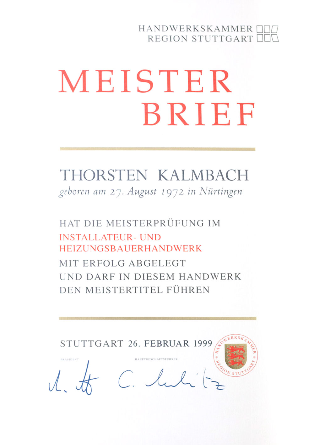 Meisterbrief Thorsten Kalmbach